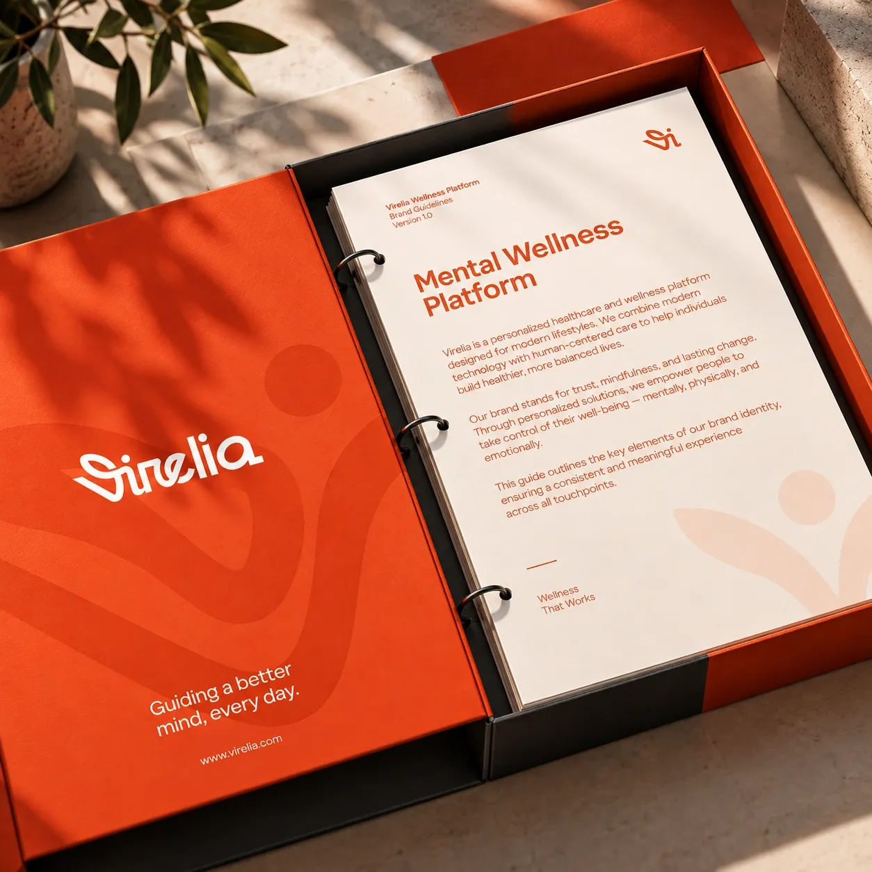 Le guide de marque de Virelia dans un classeur orange