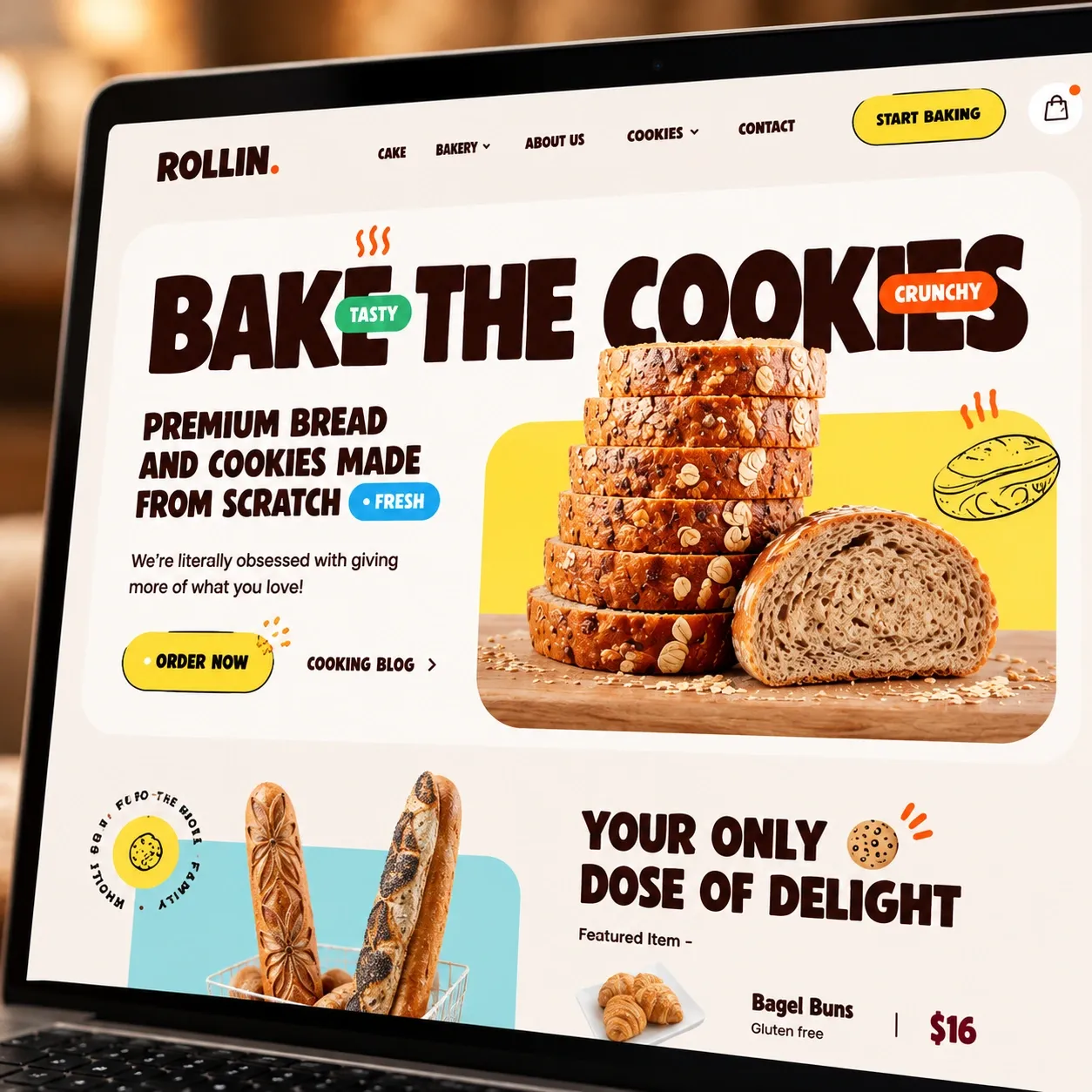 Le haut de la page d'accueil, avec le titre « Bake the cookies » et une miche de pain
