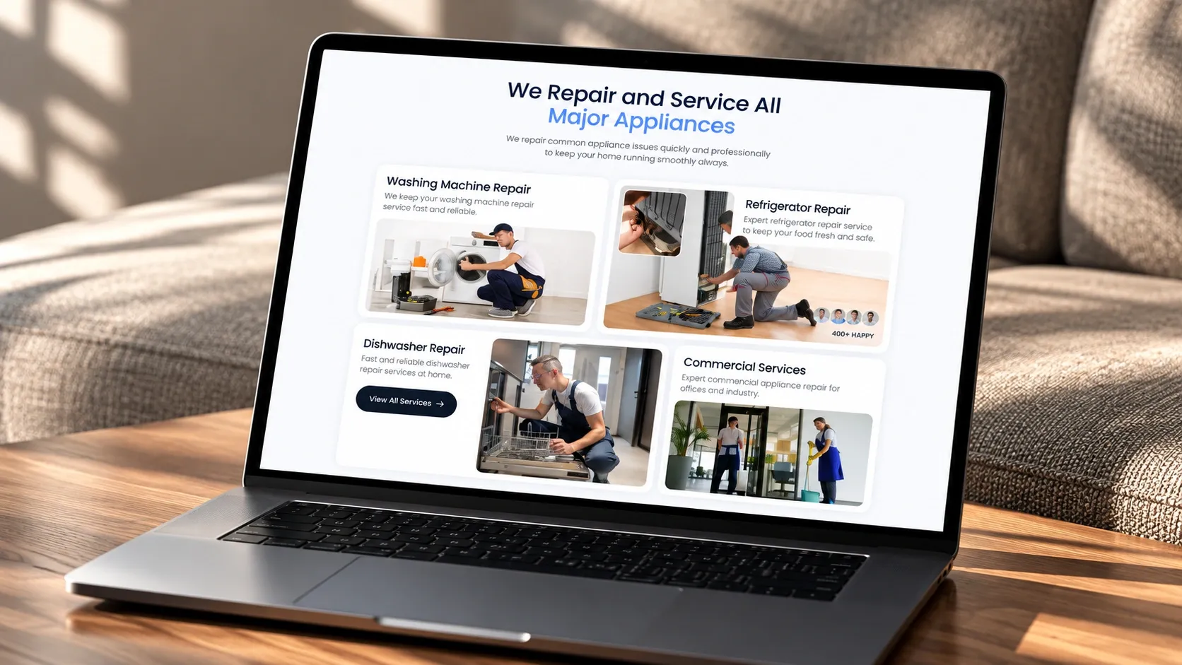 La page des services de réparation sur un ordinateur portable