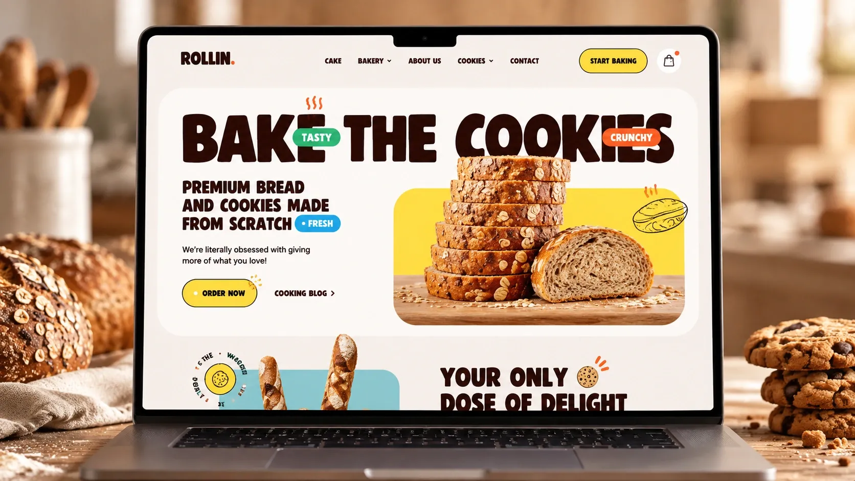 La page d'accueil de Rollin sur un ordinateur portable, dans une cuisine