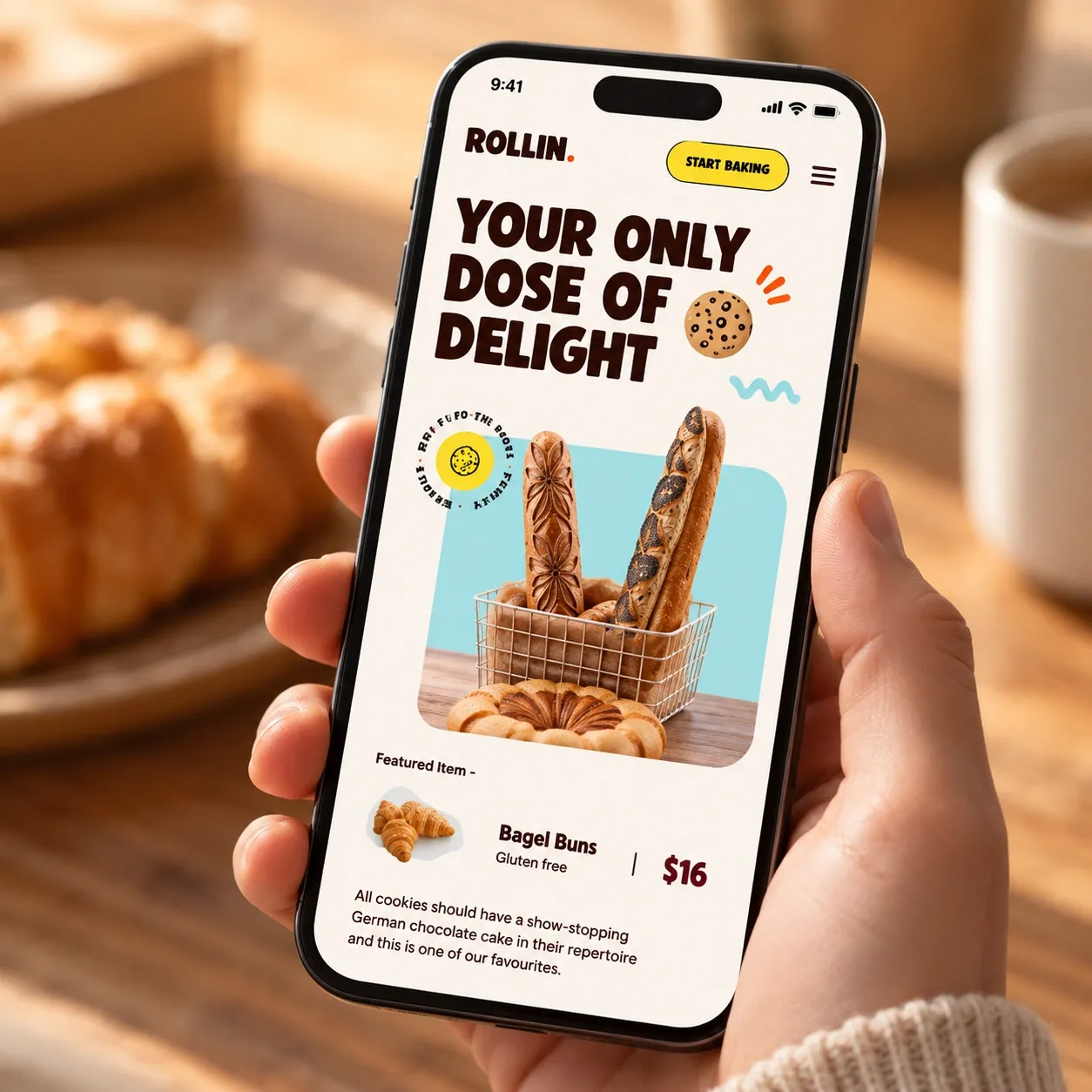 La page d'accueil de Rollin sur un téléphone, avec des baguettes et un produit mis en avant