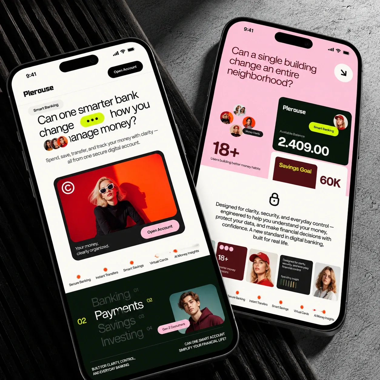 Deux téléphones affichant la page d'accueil de Plerouse