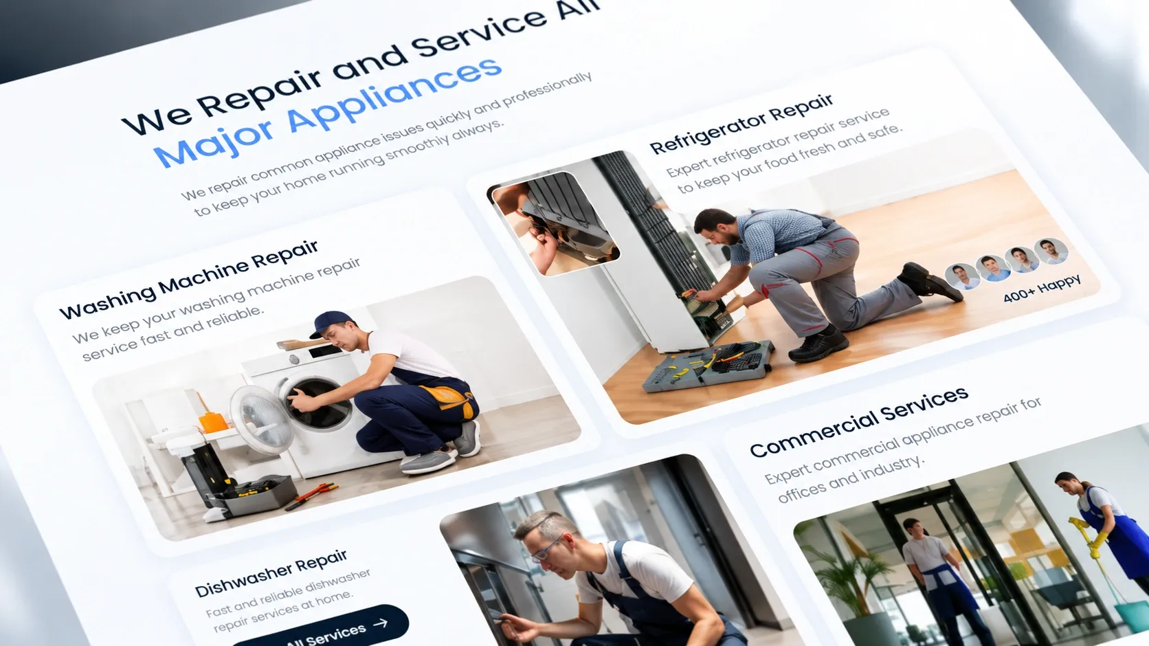 Des cartes de services avec des photos de techniciens en intervention