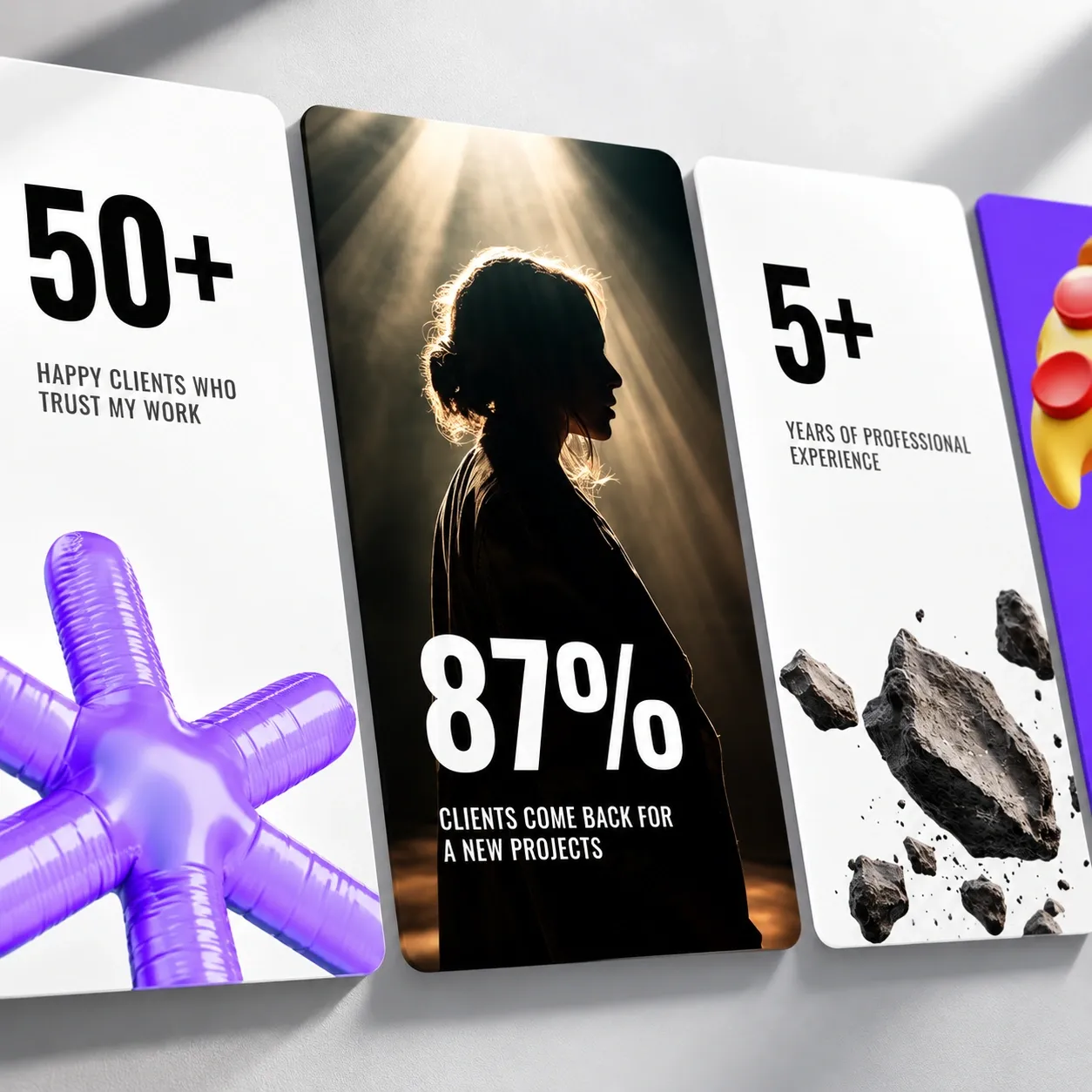 Des cartes de chiffres clés, comme le nombre de clients et les années d'expérience
